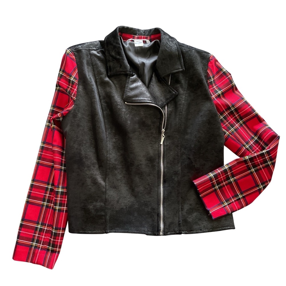 Nygard Womens Black Faux Suede Moto Jacket Red Plaid Sleeves Size L Mixed Media - Picture 1 of 9